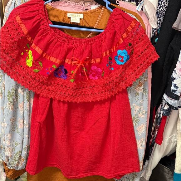 Tops - Red Embroidered Off-Shoulder Top